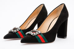 The Afega Black Suede Leather Block Heel Pump Shoe - Vinci Leather