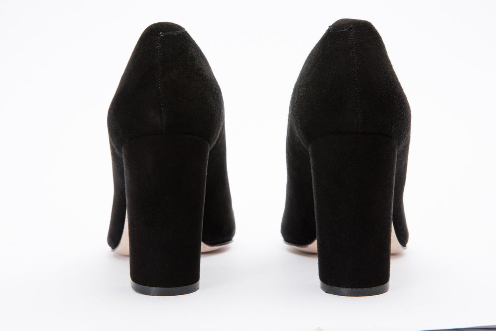 The Afega Black Suede Leather Block Heel Pump Shoe - Vinci Leather