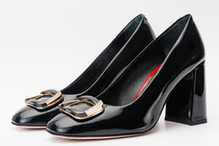 The Ferrara Black Patent Leather Block Heel Pump Shoe - Vinci Leather