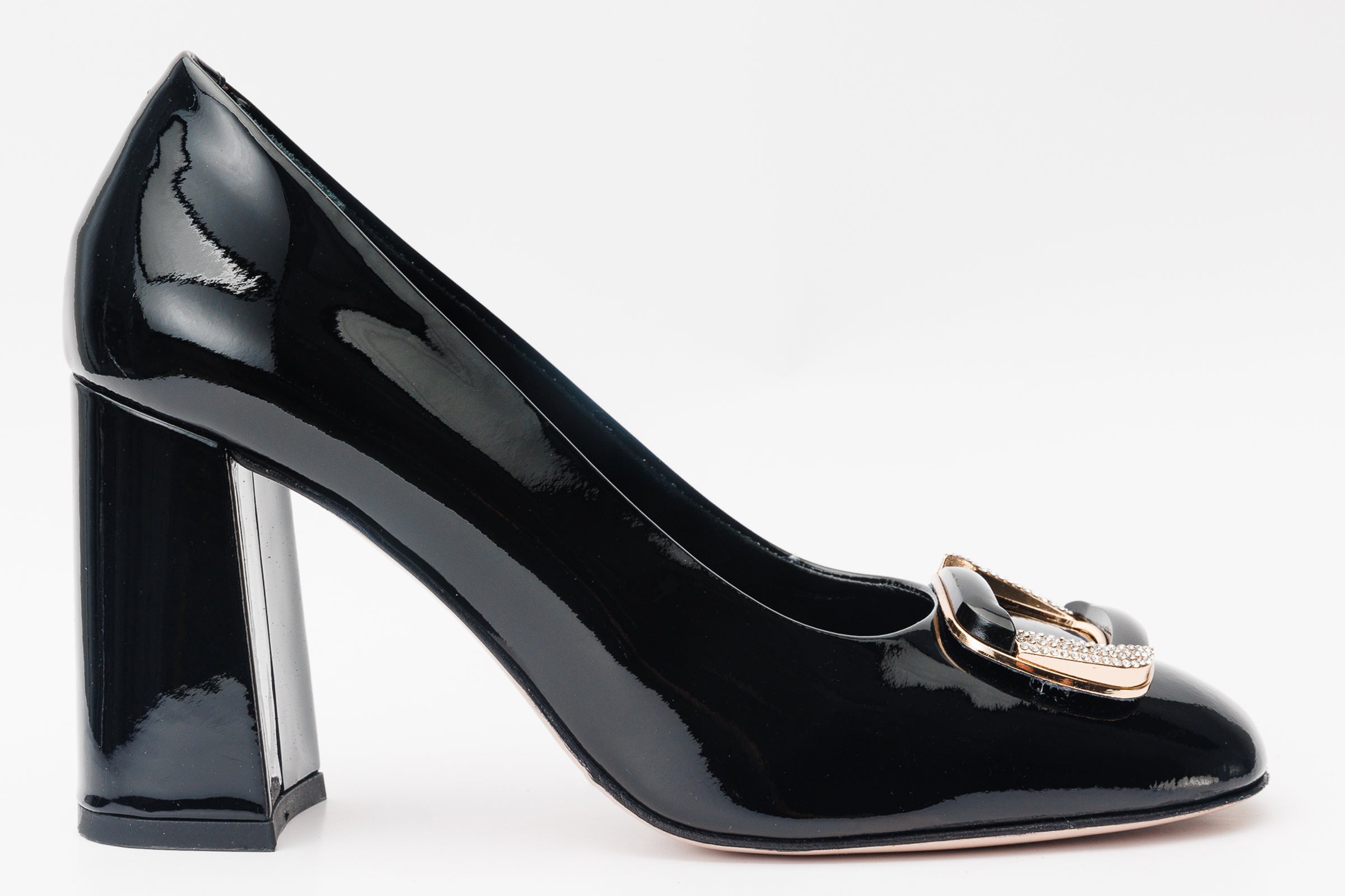 The Ferrara Black Patent Leather Block Heel Pump Shoe - Vinci Leather