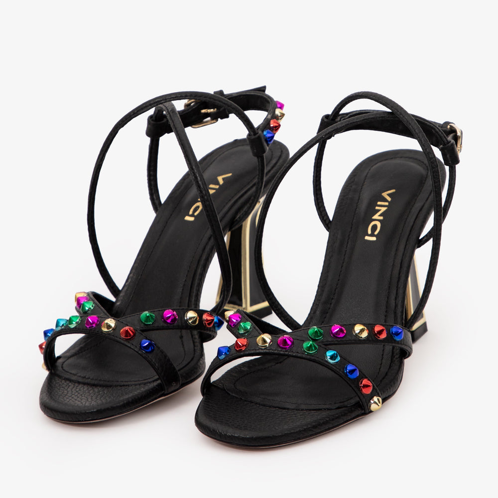 The Aurora Black Leather Strappy Sandal - Vinci Leather