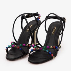 The Aurora Black Leather Strappy Sandal - Vinci Leather