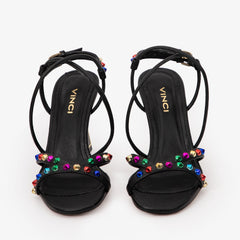 The Aurora Black Leather Strappy Sandal - Vinci Leather