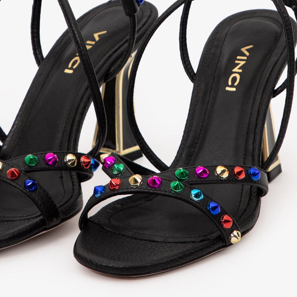 The Aurora Black Leather Strappy Sandal - Vinci Leather