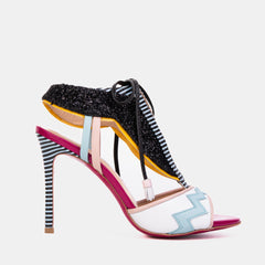 The Santa Amaro White Glitter Leather T-Strap Lace -Up Sandal - Vinci Leather