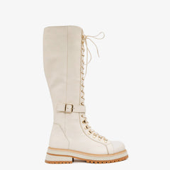 The Istinye Cream Leather Knee High Lace-Up Boot Limited Edition - Vinci Leather