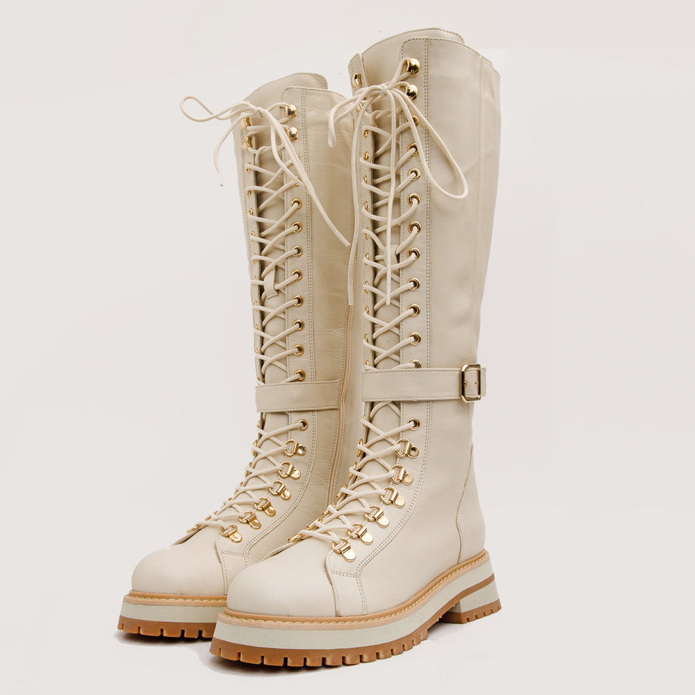 The Istinye Cream Leather Knee High Lace-Up Boot Limited Edition - Vinci Leather