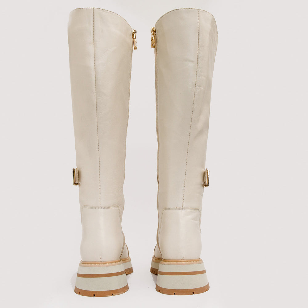 The Istinye Cream Leather Knee High Lace-Up Boot Limited Edition - Vinci Leather