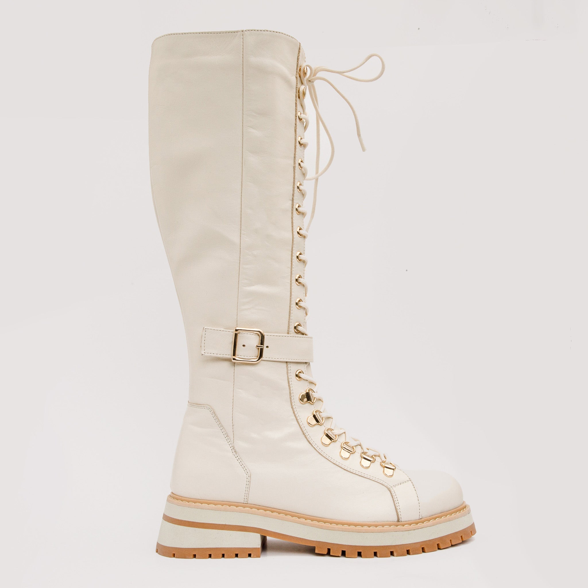 The Istinye Cream Leather Knee High Lace-Up Boot Limited Edition - Vinci Leather