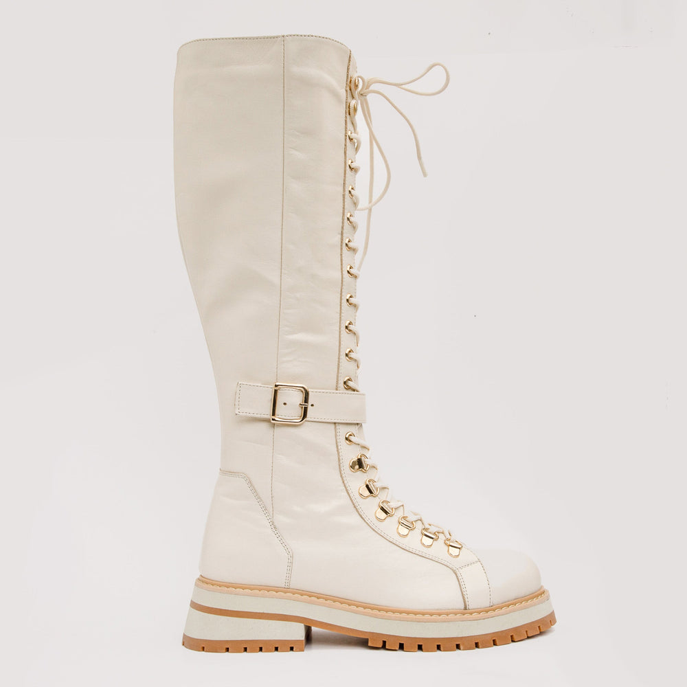 The Istinye Cream Leather Knee High Lace-Up Boot Limited Edition - Vinci Leather