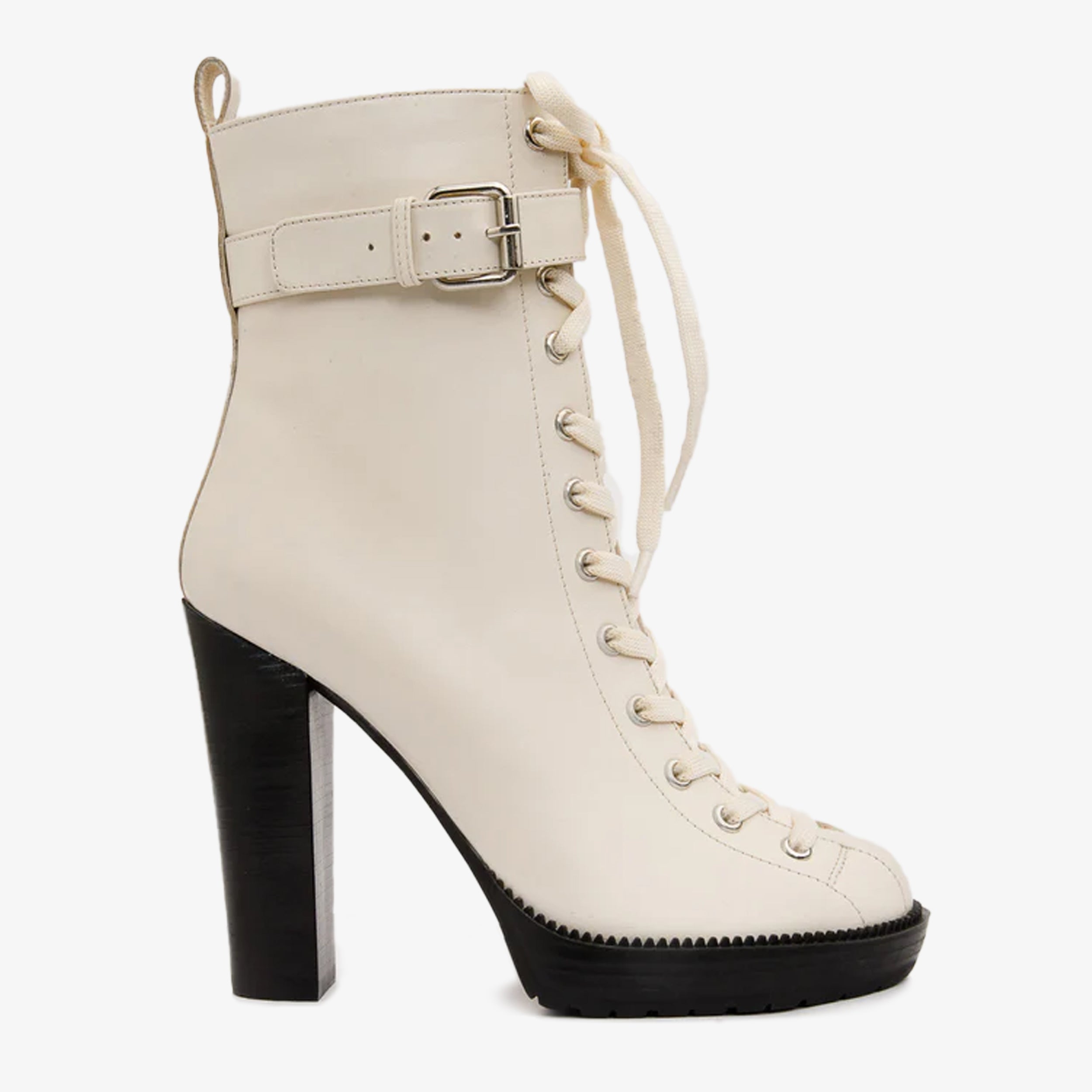 The Estrada Cream Leather Lace-Up Platform Heel Mid Calf Boot - Vinci Leather