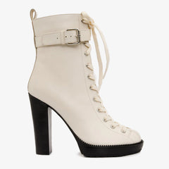 The Estrada Cream Leather Lace-Up Platform Heel Mid Calf Boot - Vinci Leather