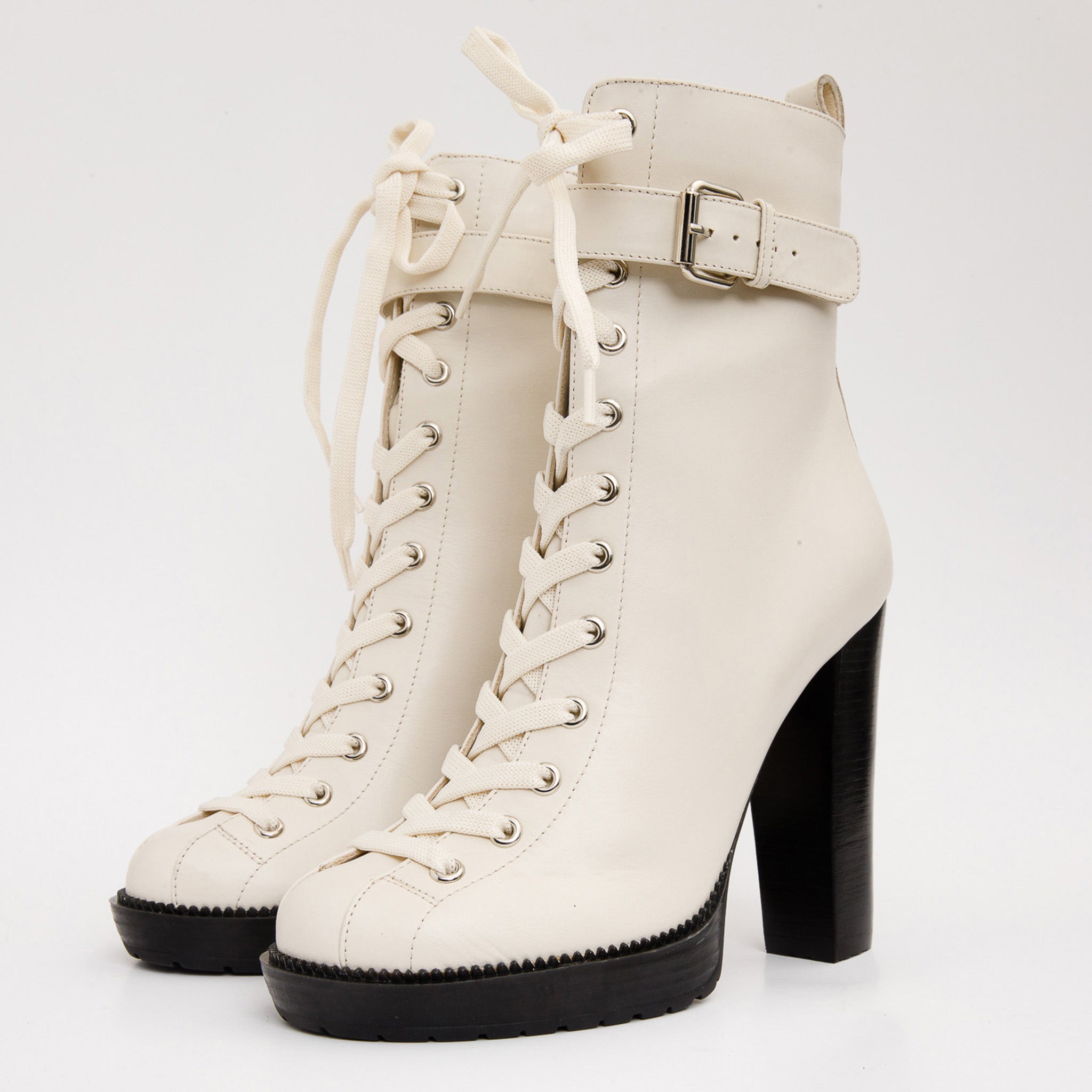 The Estrada Cream Leather Lace-Up Platform Heel Mid Calf Boot - Vinci Leather