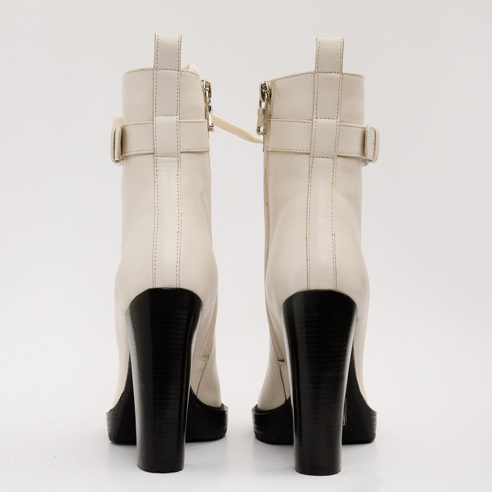 The Estrada Cream Leather Lace-Up Platform Heel Mid Calf Boot - Vinci Leather