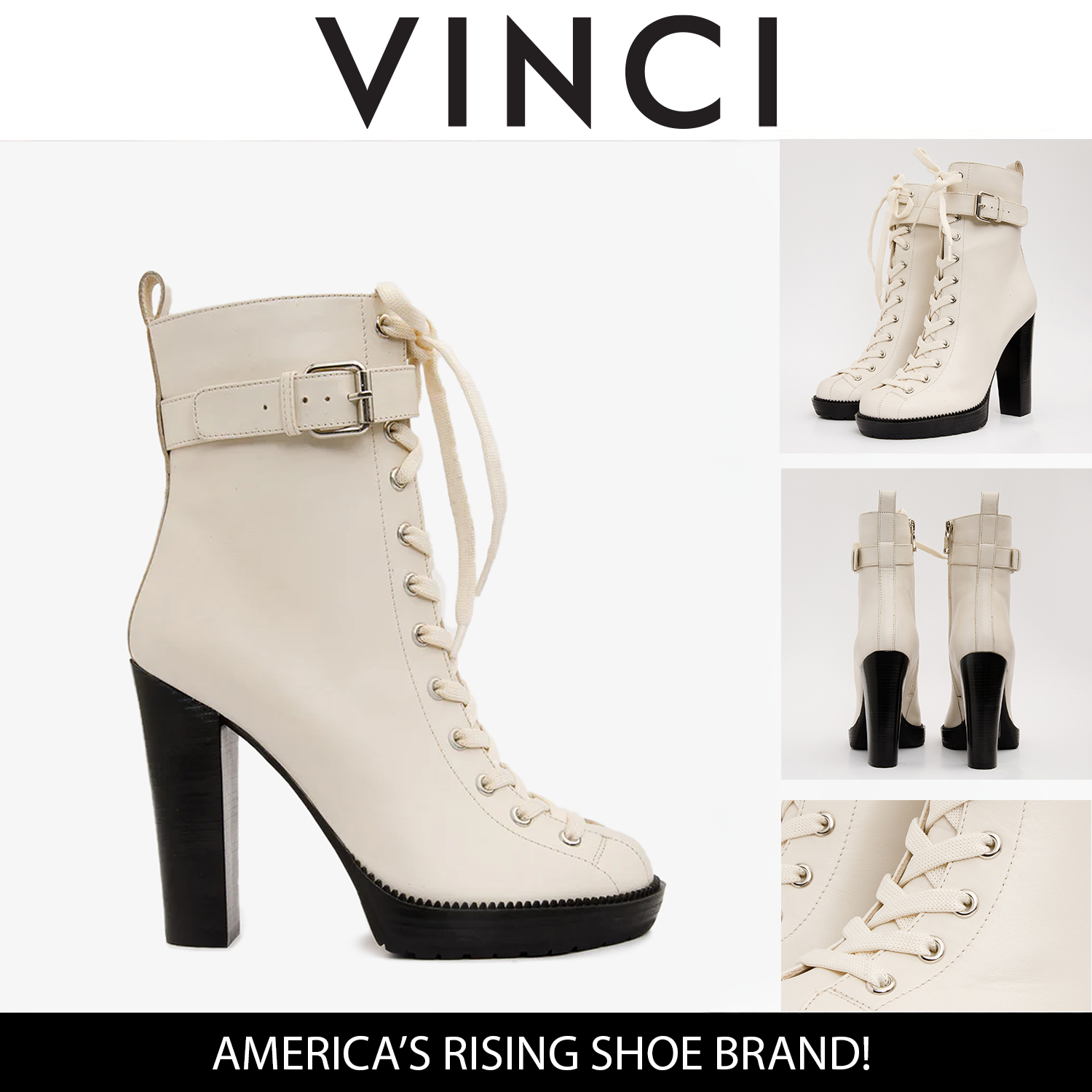 The Estrada Cream Leather Lace-Up Platform Heel Mid Calf Boot - Vinci Leather
