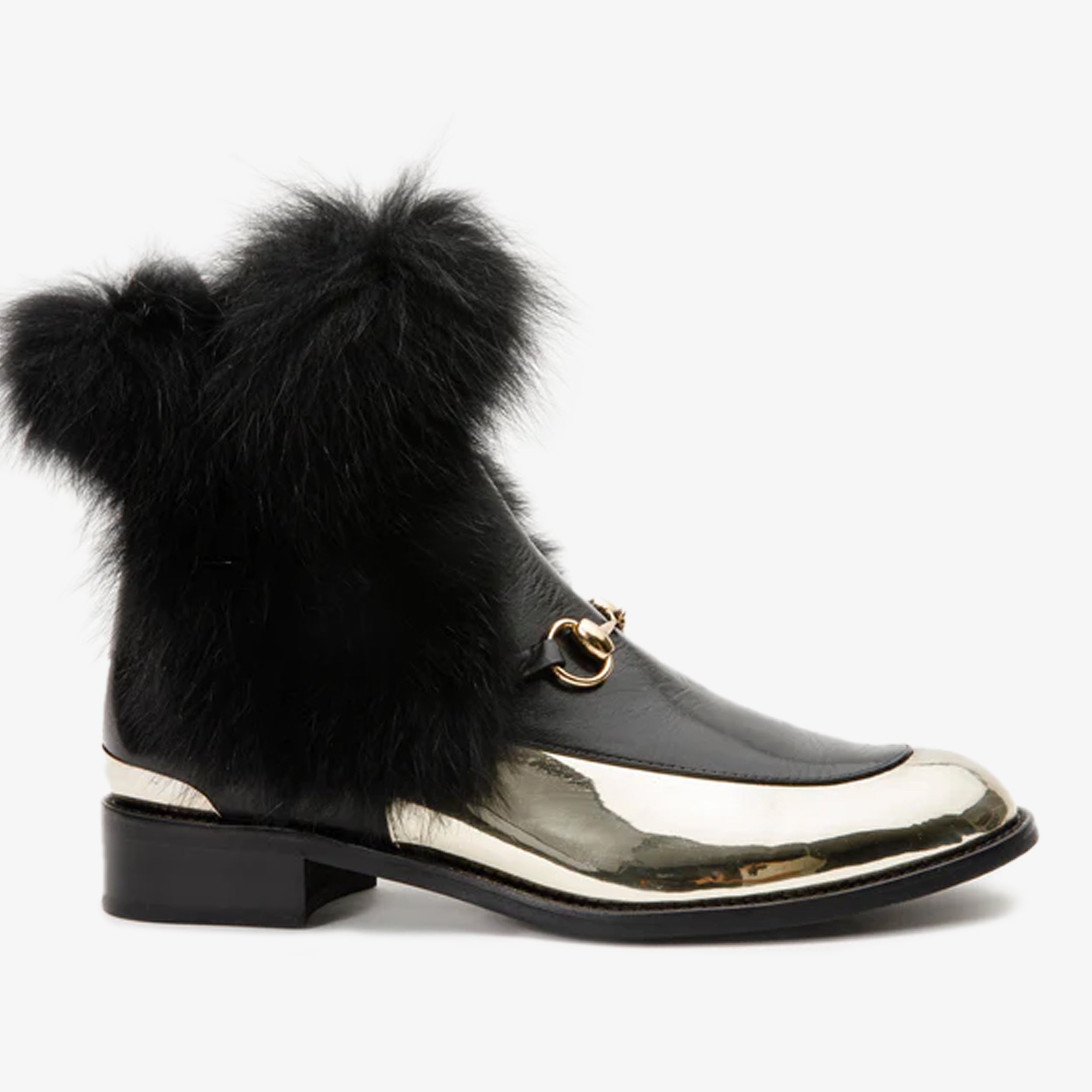 The Izmir Black Gold Leather Natural Fox Fur Mid Calf Boot - Vinci Leather