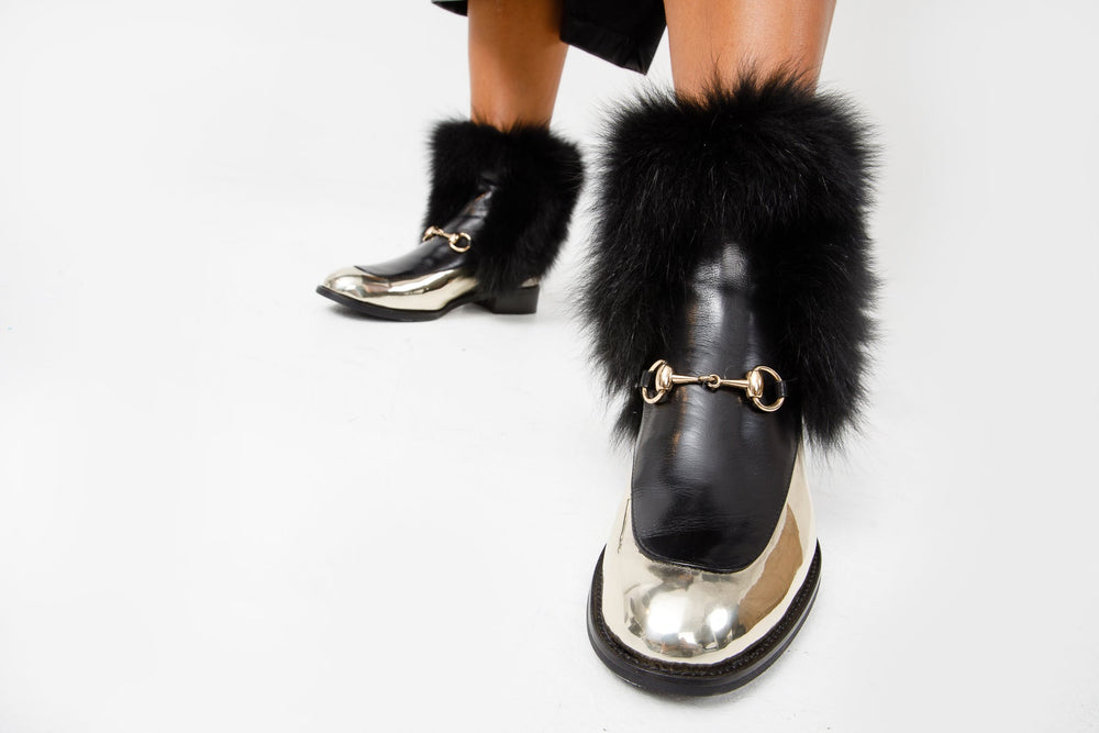 The Izmir Black Gold Leather Natural Fox Fur Mid Calf Boot - Vinci Leather