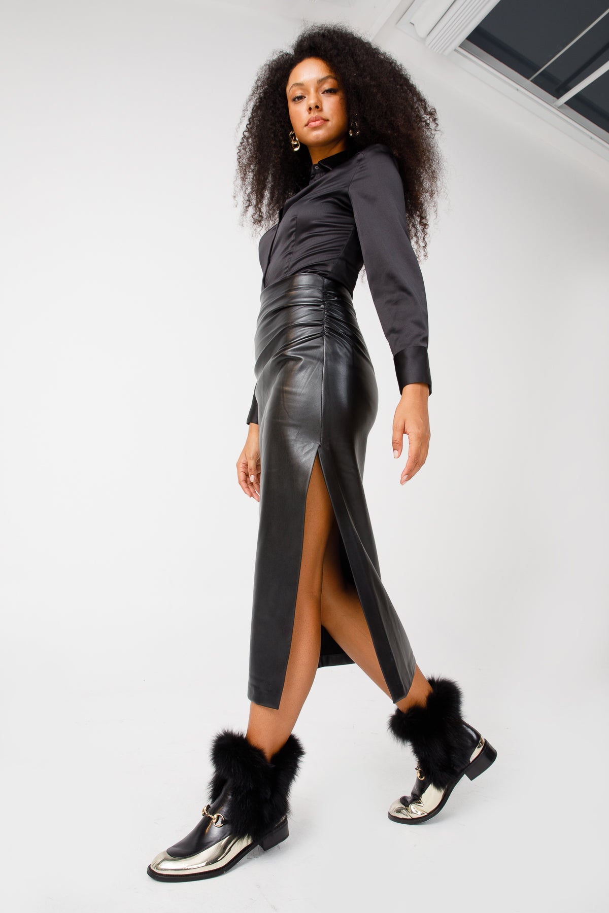 The Izmir Black Gold Leather Natural Fox Fur Mid Calf Boot - Vinci Leather