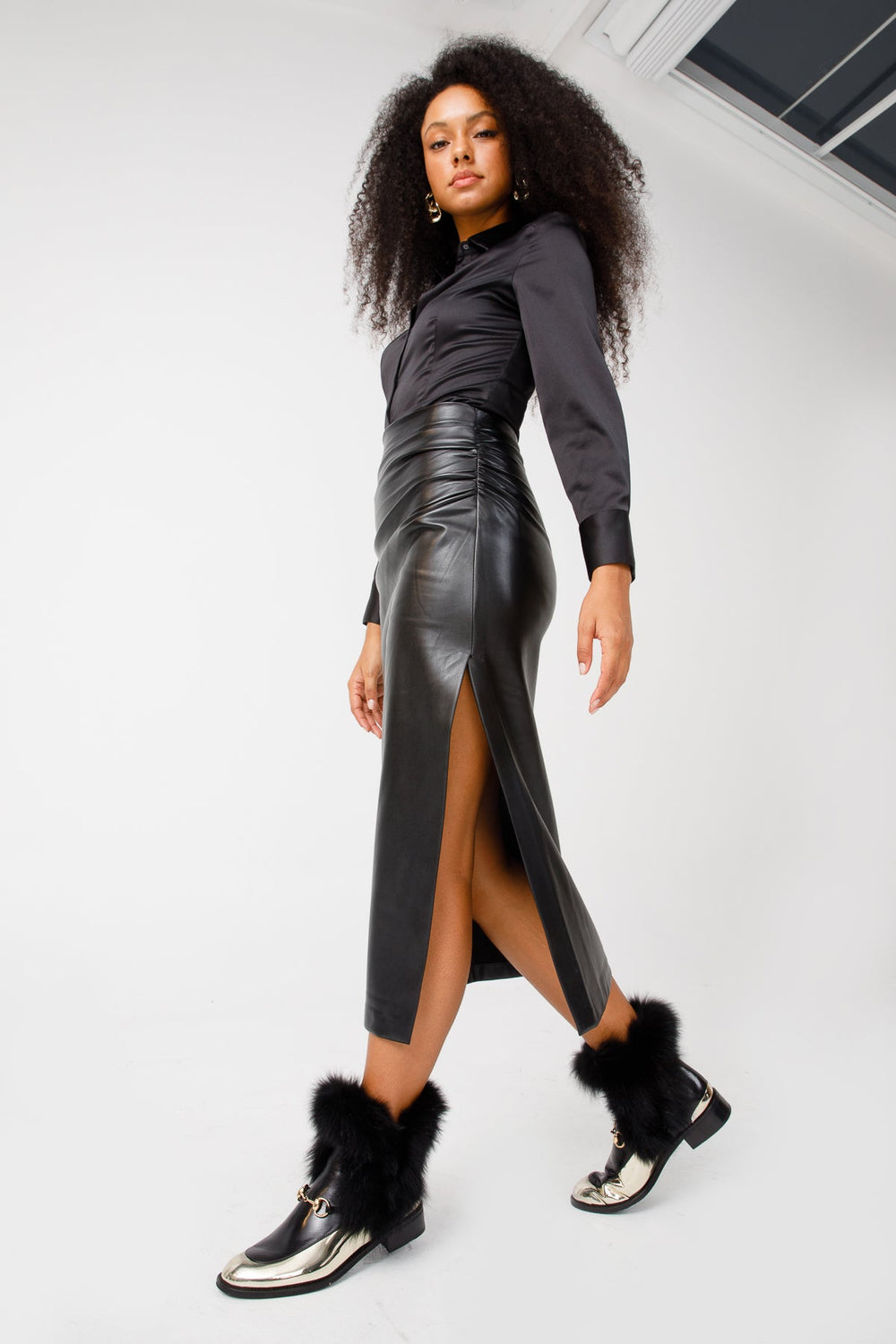 The Izmir Black Gold Leather Natural Fox Fur Mid Calf Boot - Vinci Leather