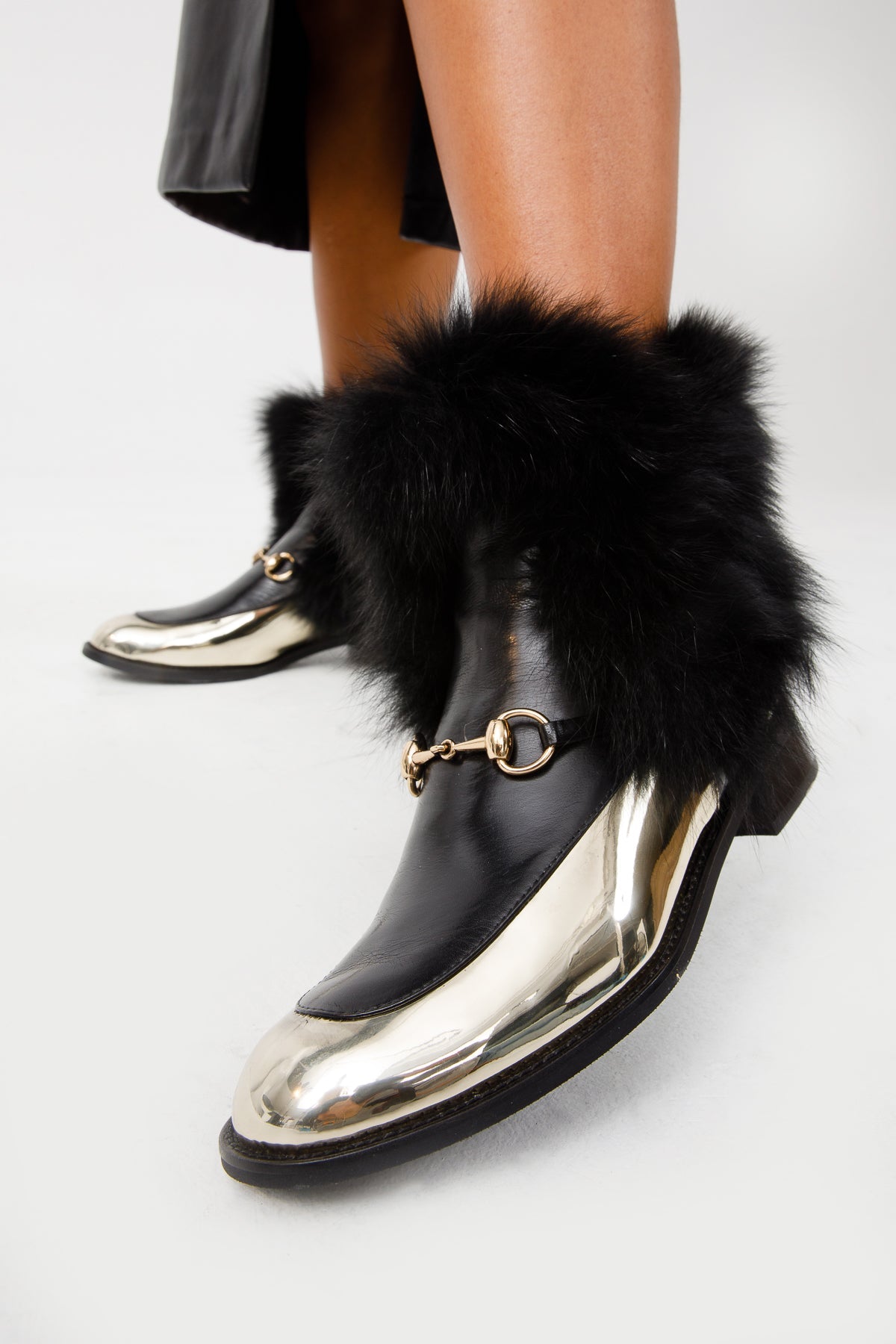 The Izmir Black Gold Leather Natural Fox Fur Mid Calf Boot - Vinci Leather