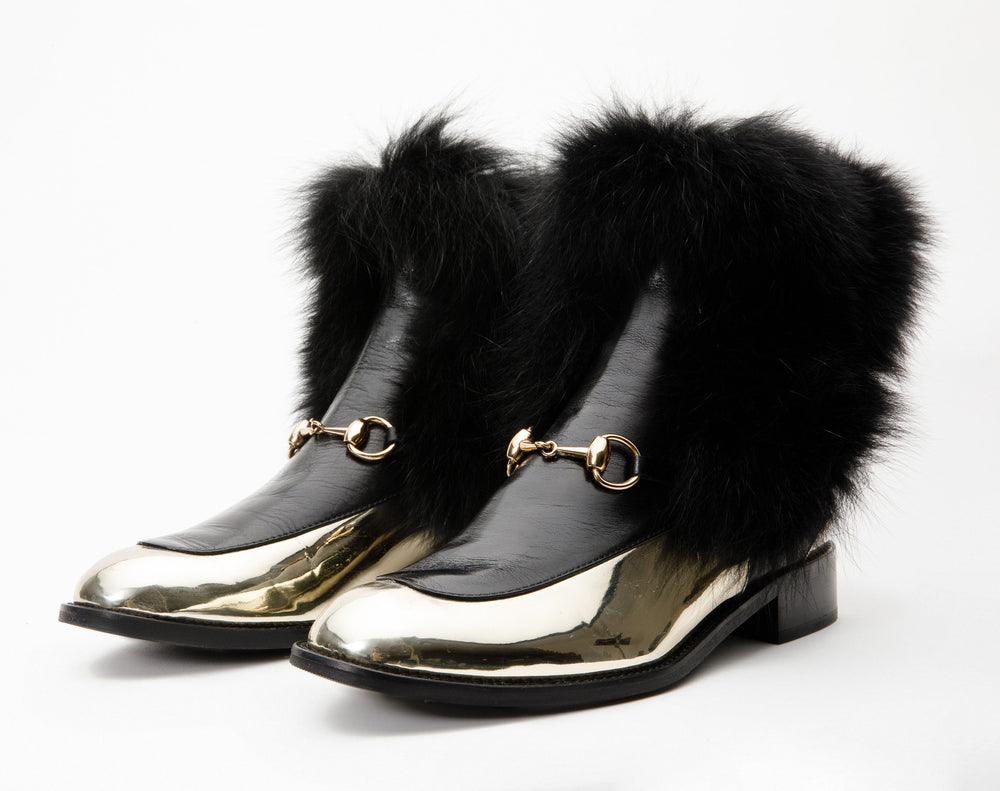 The Izmir Black Gold Leather Natural Fox Fur Mid Calf Boot - Vinci Leather