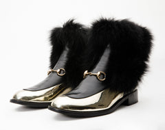 The Izmir Black Gold Leather Natural Fox Fur Mid Calf Boot - Vinci Leather