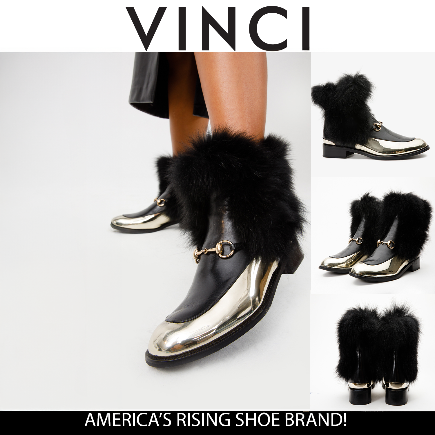The Izmir Black Gold Leather Natural Fox Fur Mid Calf Boot - Vinci Leather