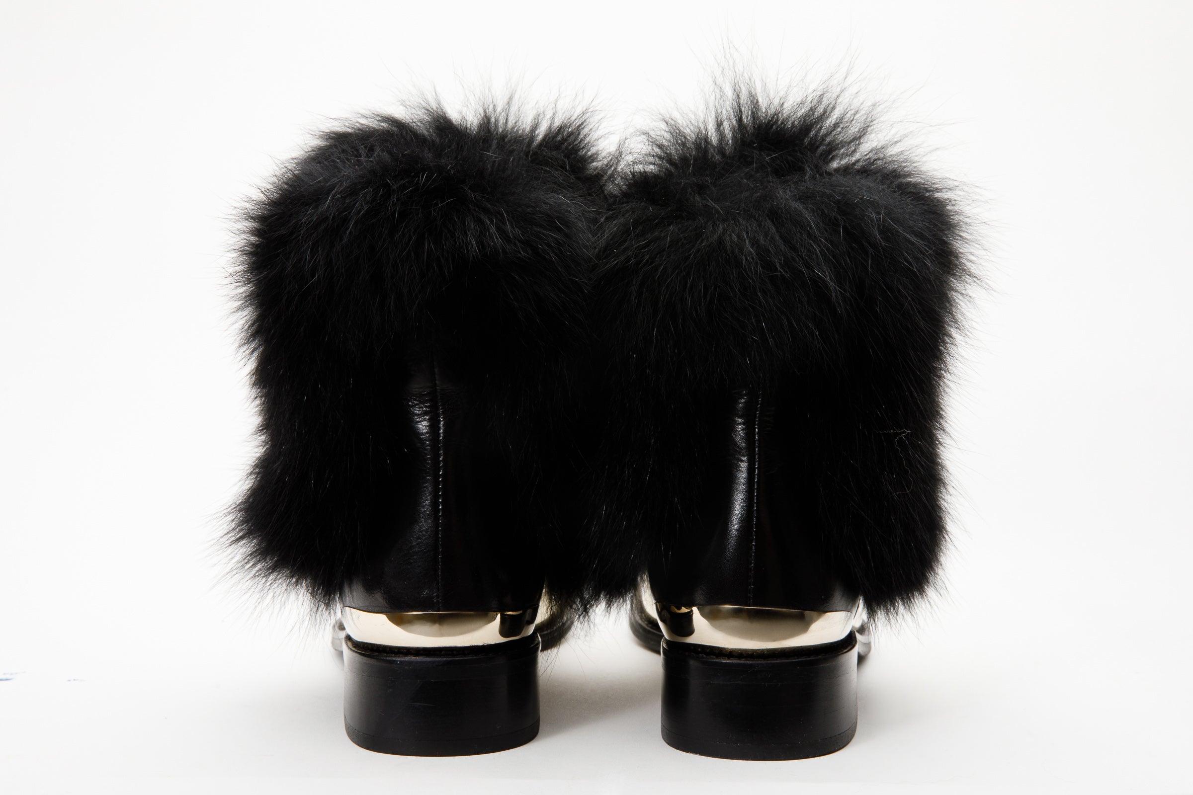 The Izmir Black Gold Leather Natural Fox Fur Mid Calf Boot - Vinci Leather
