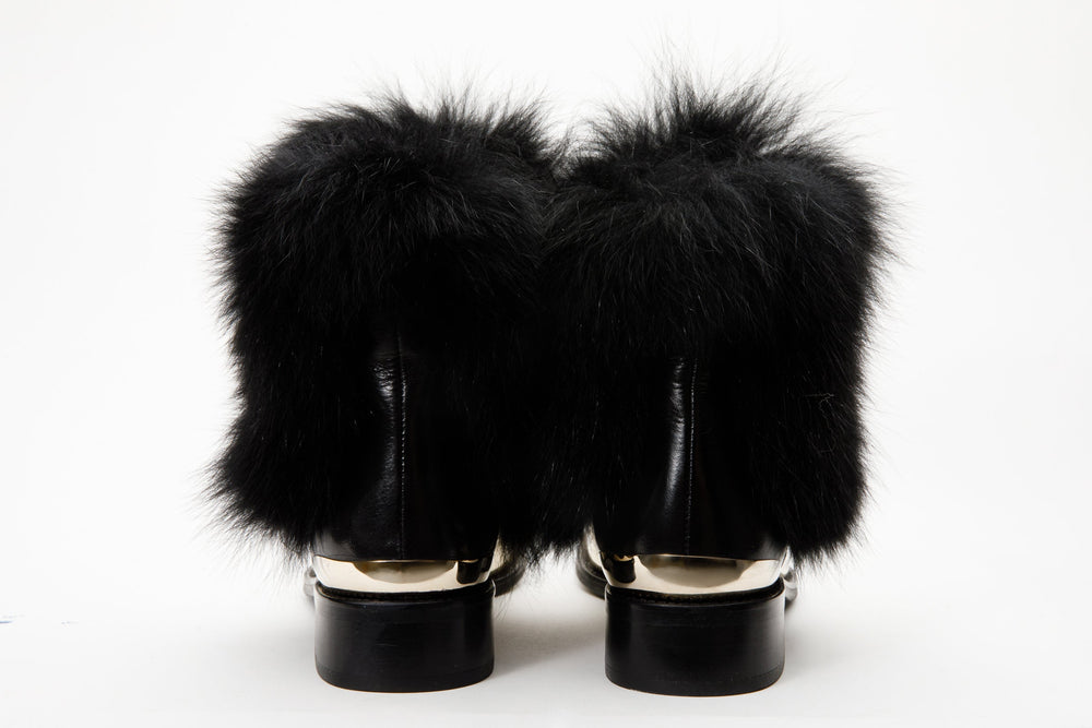 The Izmir Black Gold Leather Natural Fox Fur Mid Calf Boot - Vinci Leather