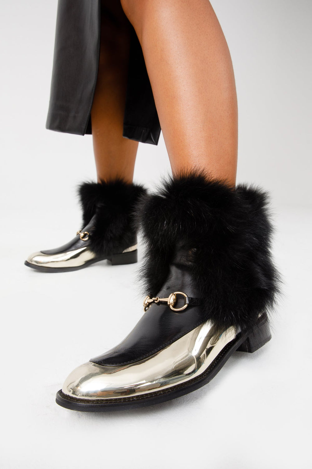 The Izmir Black Gold Leather Natural Fox Fur Mid Calf Boot - Vinci Leather
