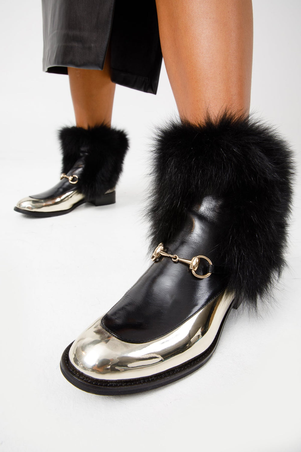 The Izmir Black Gold Leather Natural Fox Fur Mid Calf Boot - Vinci Leather