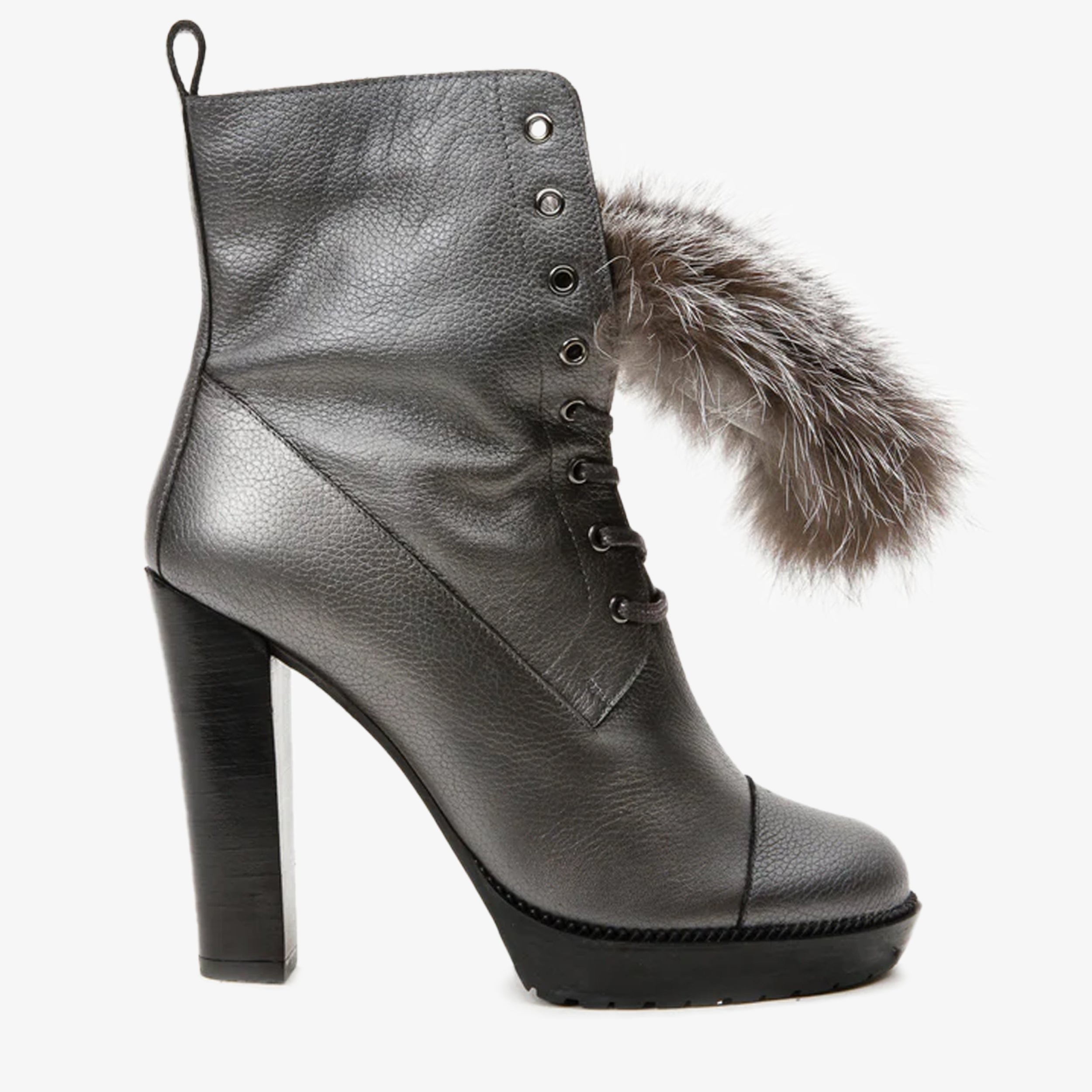 The Melo Gray Leather Natural Fur Mid Calf Platform Heel Boot - Vinci Leather
