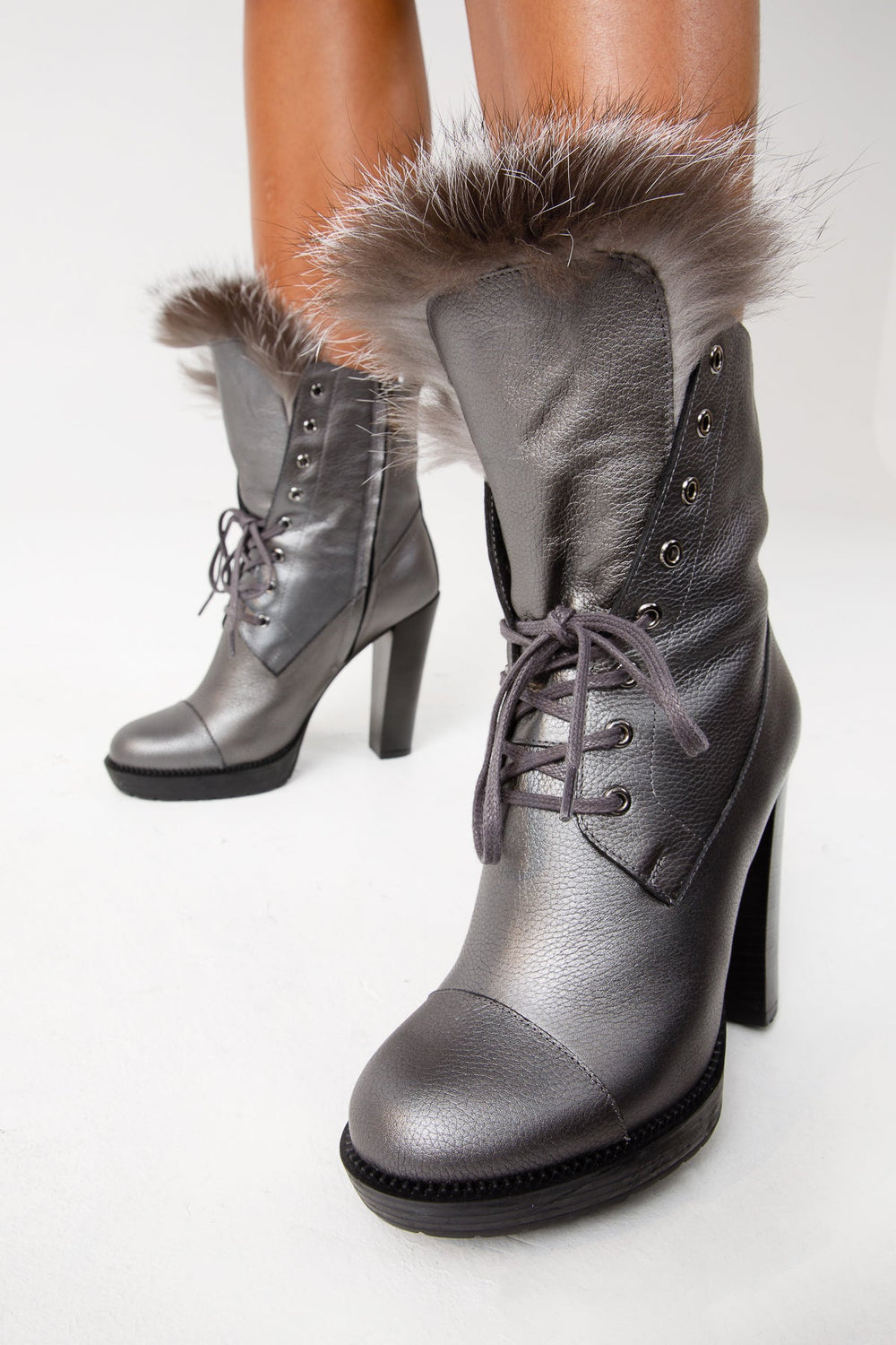 The Melo Gray Leather Natural Fur Mid Calf Platform Heel Boot - Vinci Leather