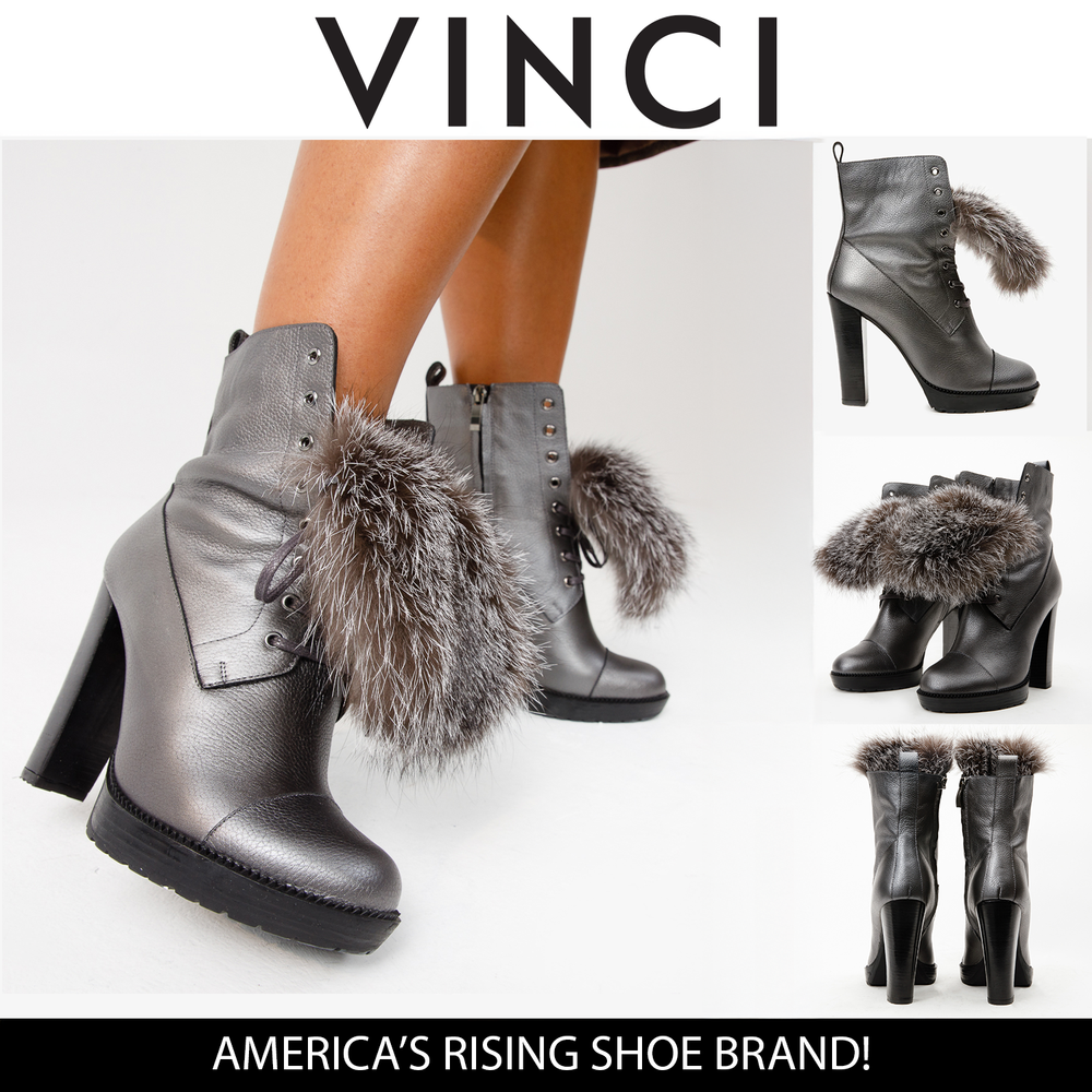 The Melo Gray Leather Natural Fur Mid Calf Platform Heel Boot - Vinci Leather