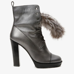 The Melo Gray Leather Natural Fur Mid Calf Platform Heel Boot - Vinci Leather