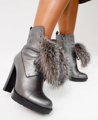 The Melo Gray Leather Natural Fur Mid Calf Platform Heel Boot - Vinci Leather