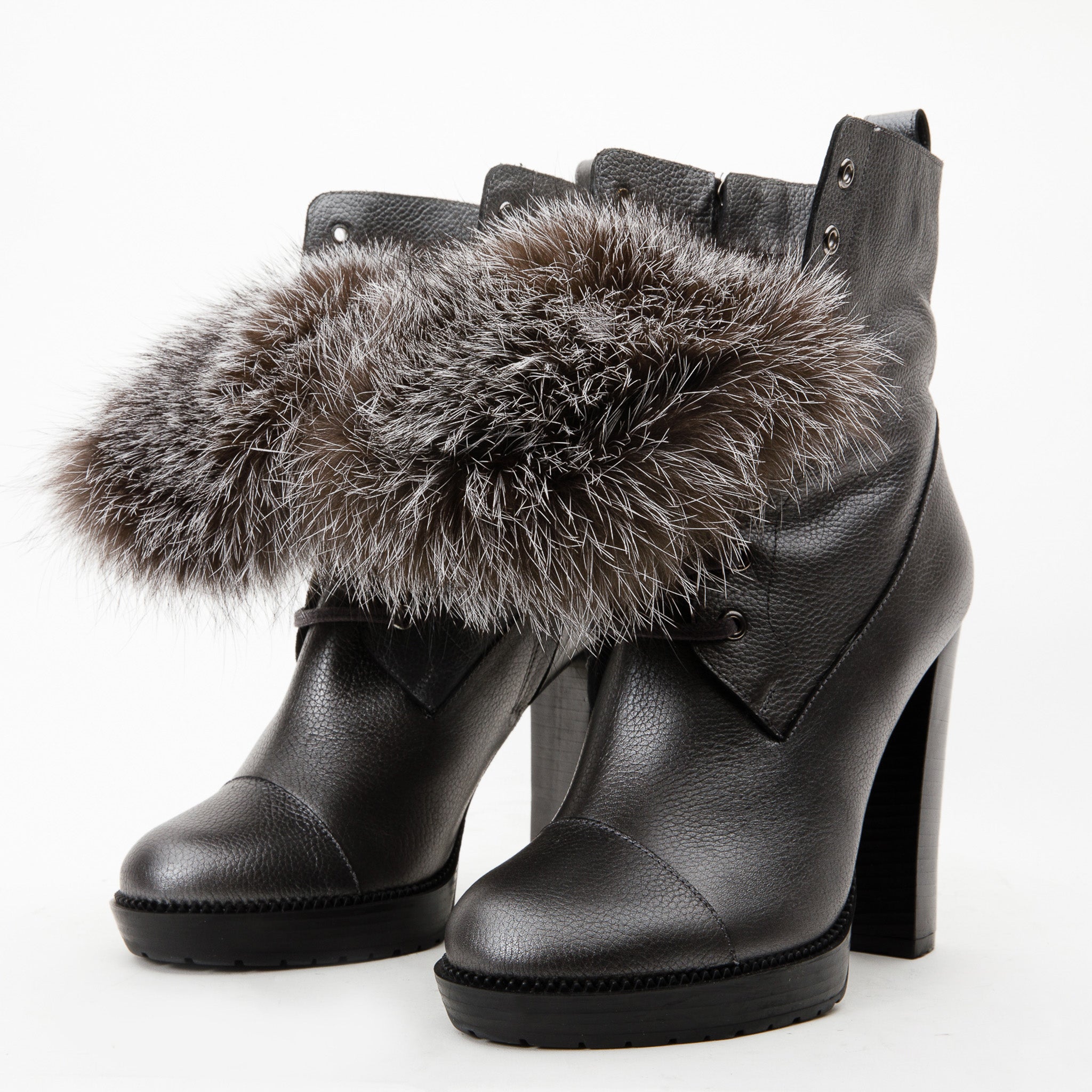 The Melo Gray Leather Natural Fur Mid Calf Platform Heel Boot - Vinci Leather