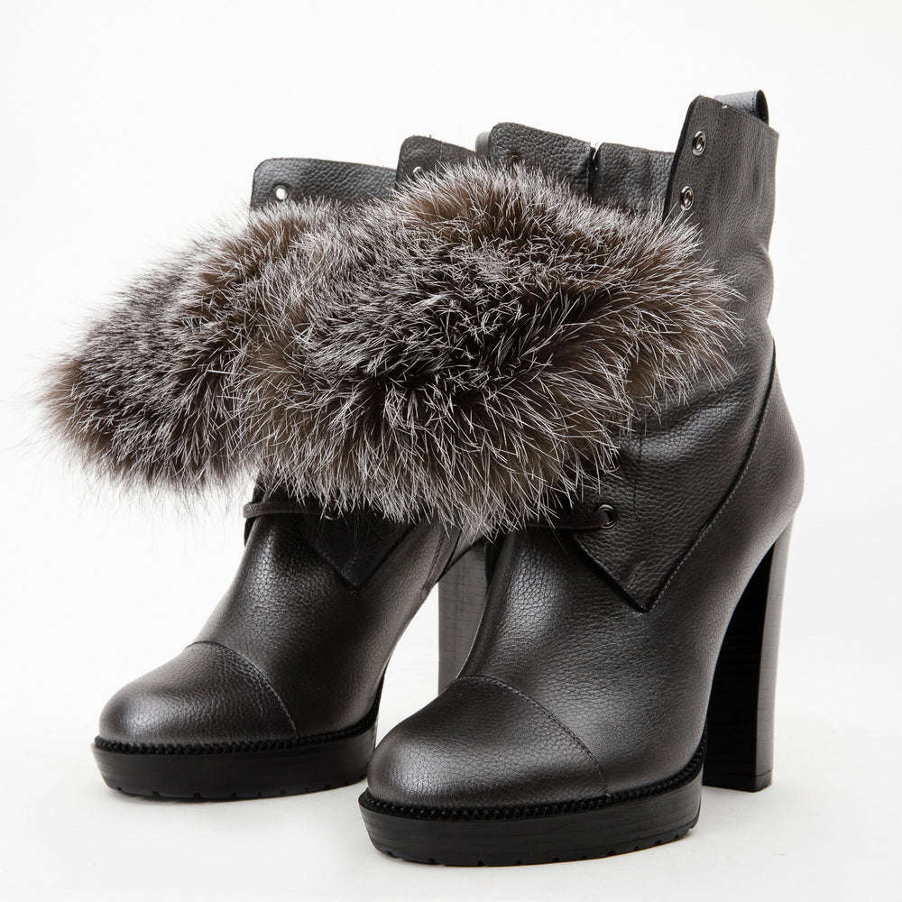 The Melo Gray Leather Natural Fur Mid Calf Platform Heel Boot - Vinci Leather