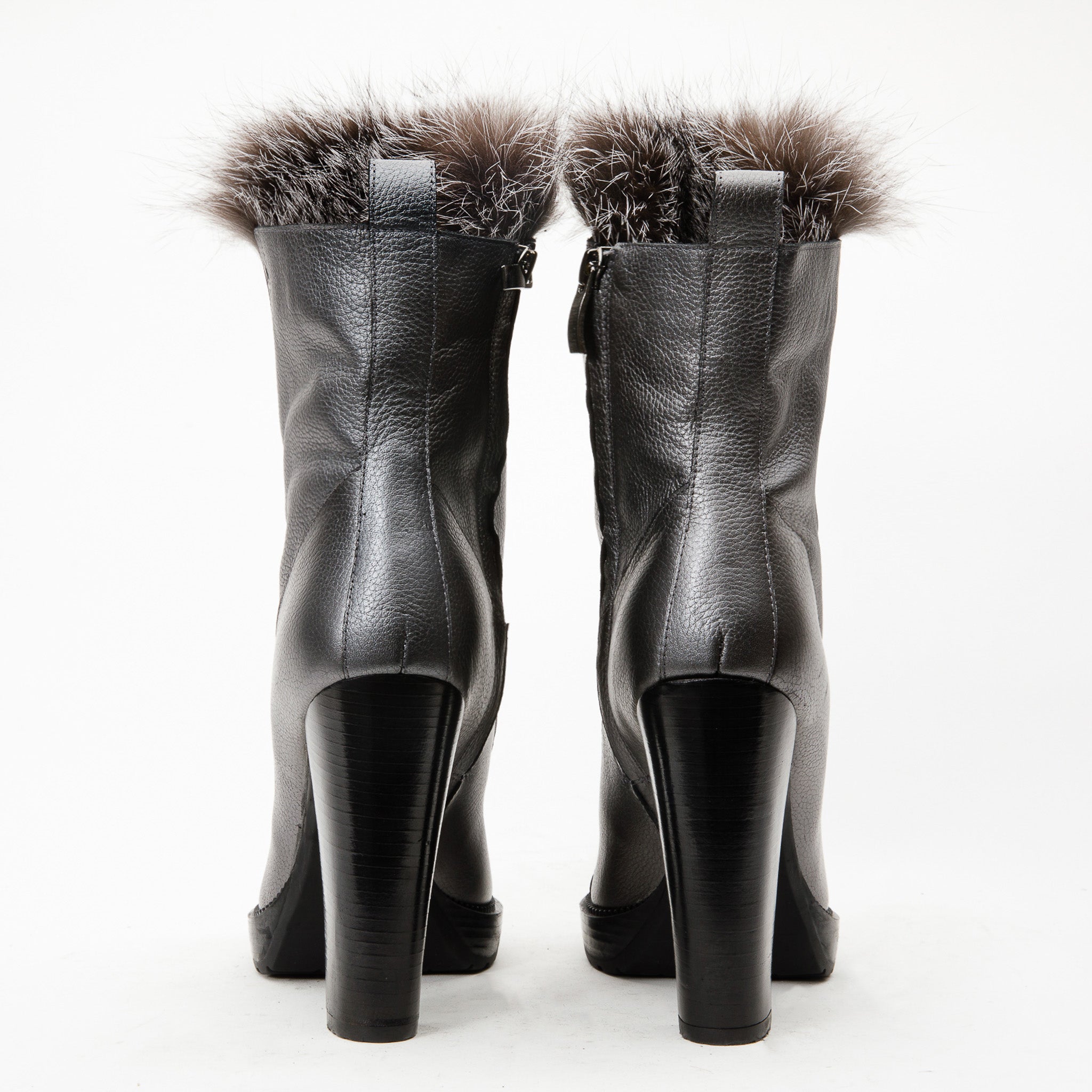 The Melo Gray Leather Natural Fur Mid Calf Platform Heel Boot - Vinci Leather