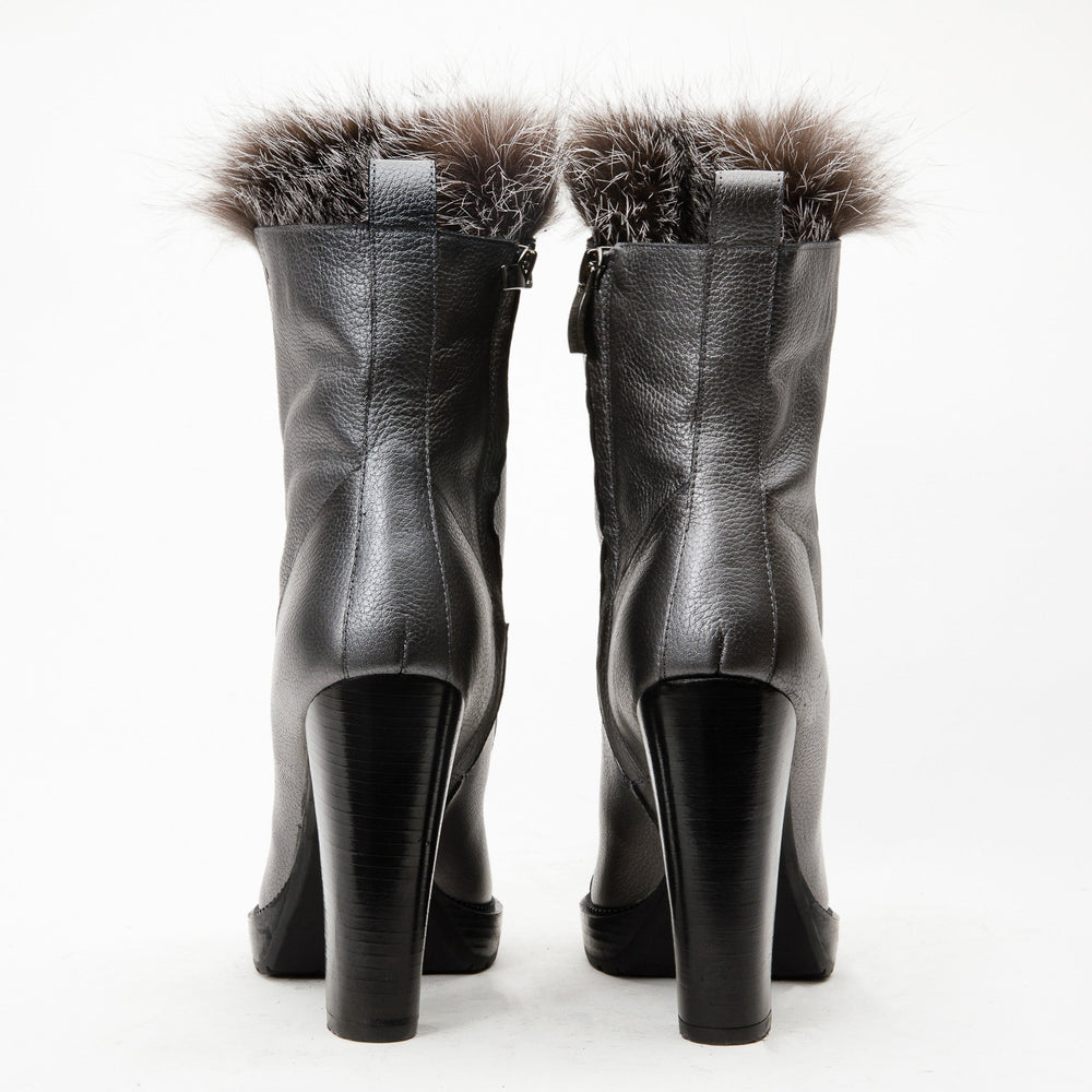 The Melo Gray Leather Natural Fur Mid Calf Platform Heel Boot - Vinci Leather