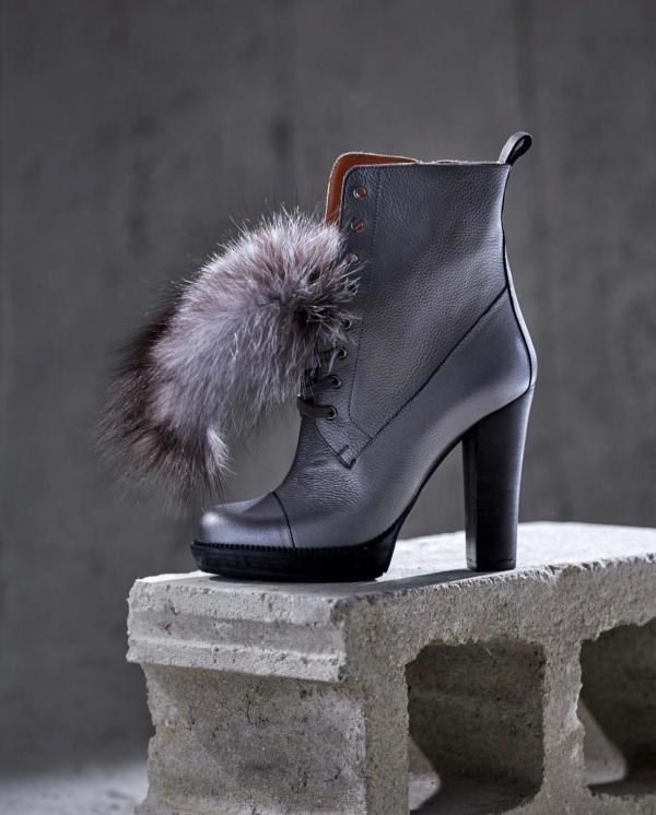 The Melo Gray Leather Natural Fur Mid Calf Platform Heel Boot - Vinci Leather