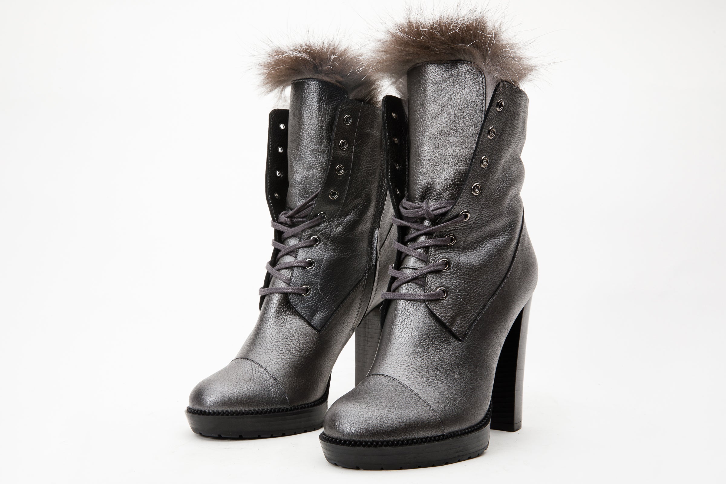 The Melo Gray Leather Natural Fur Mid Calf Platform Heel Boot - Vinci Leather