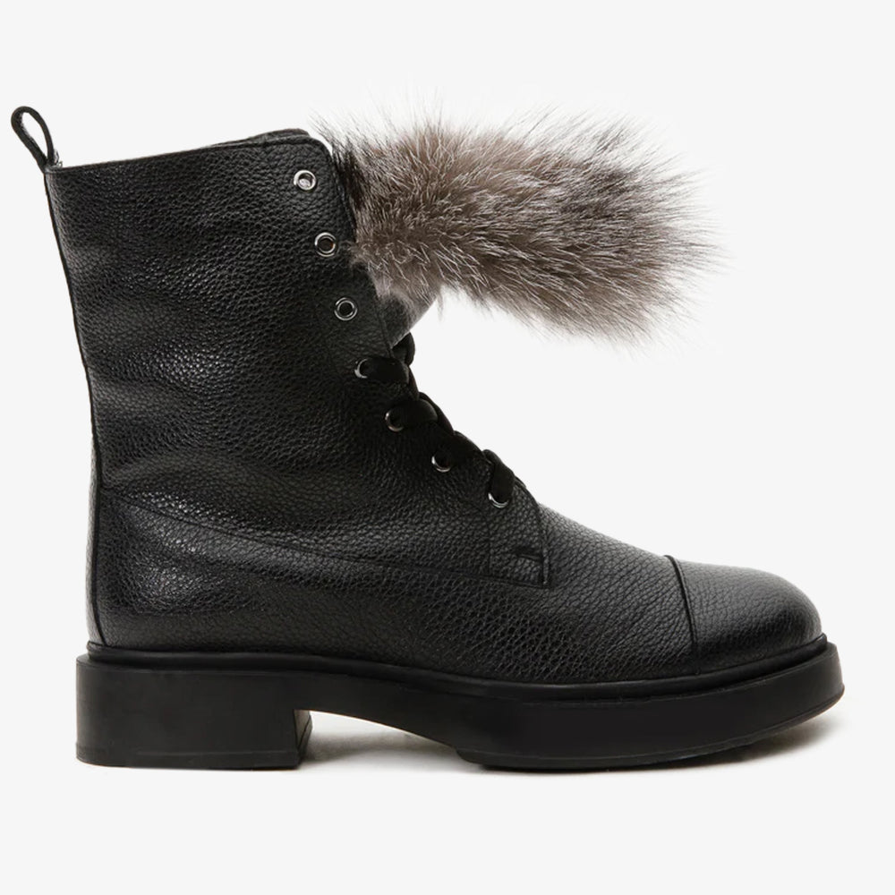 The Kajapati Black Leather Natural Fur Mid Calf Boot - Vinci Leather