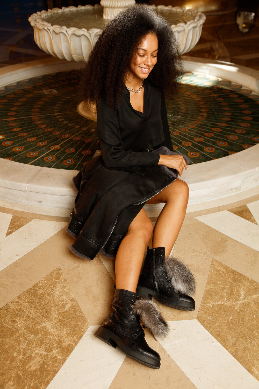 The Kajapati Black Leather Natural Fur Mid Calf Boot - Vinci Leather