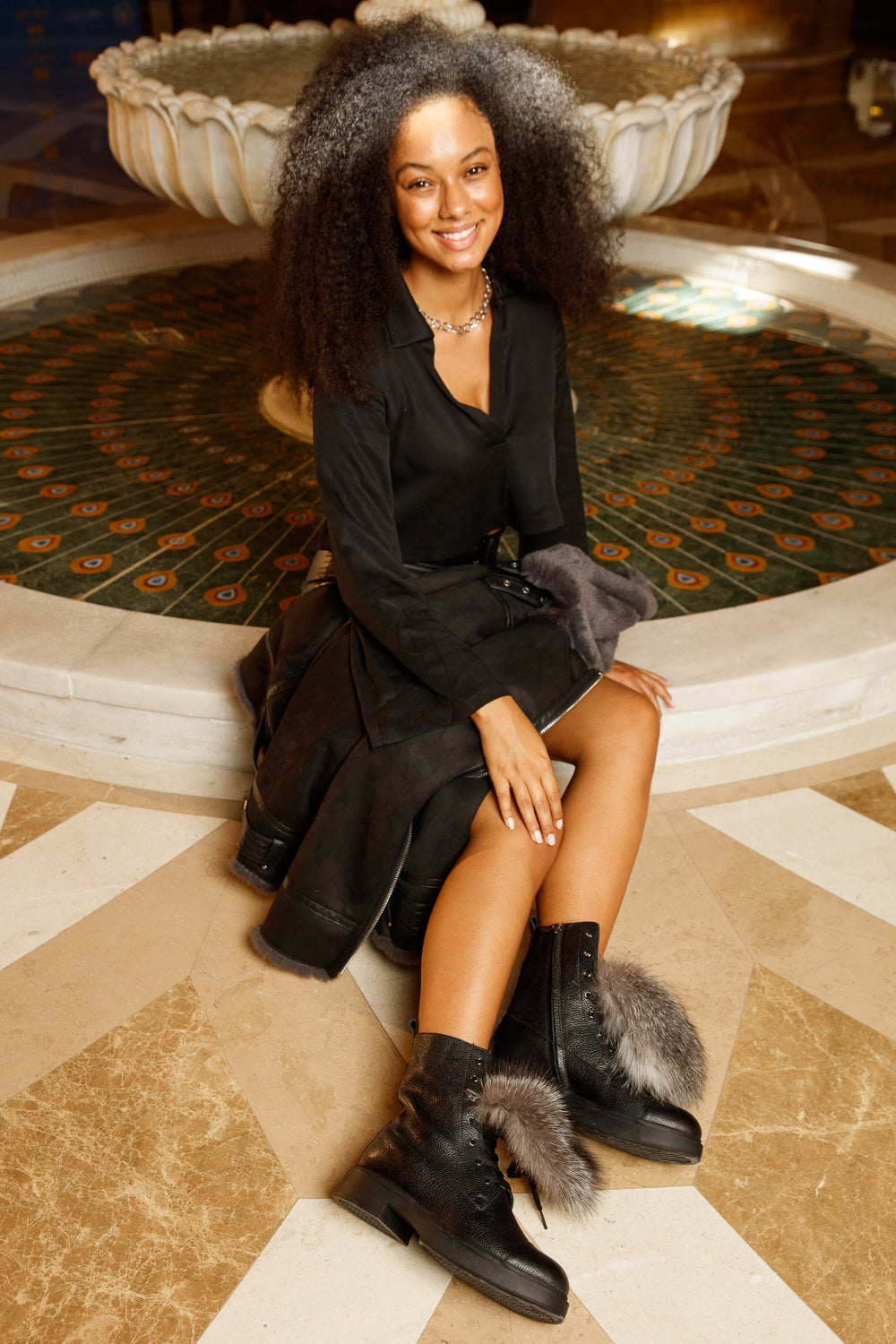 The Kajapati Black Leather Natural Fur Mid Calf Boot - Vinci Leather