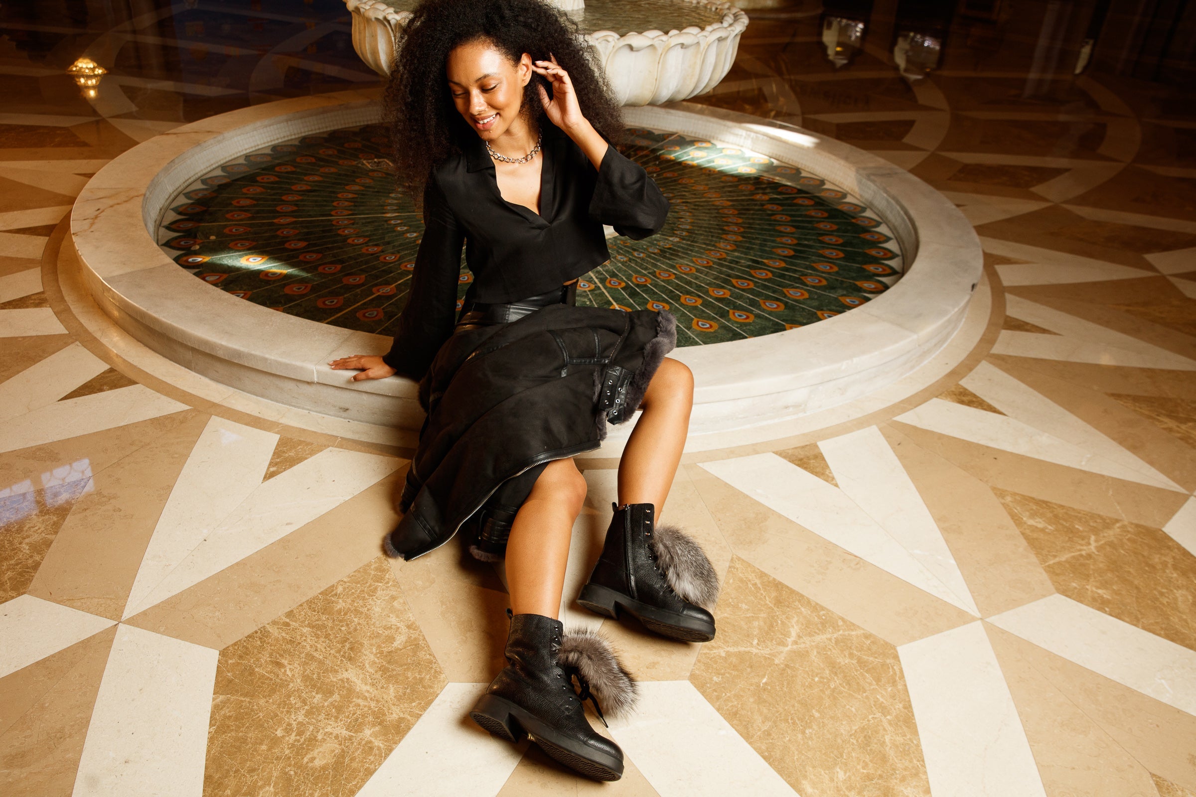 The Kajapati Black Leather Natural Fur Mid Calf Boot - Vinci Leather