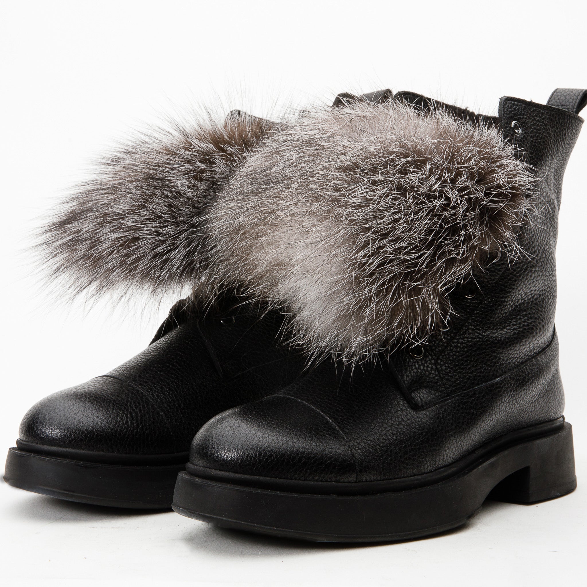 The Kajapati Black Leather Natural Fur Mid Calf Boot - Vinci Leather