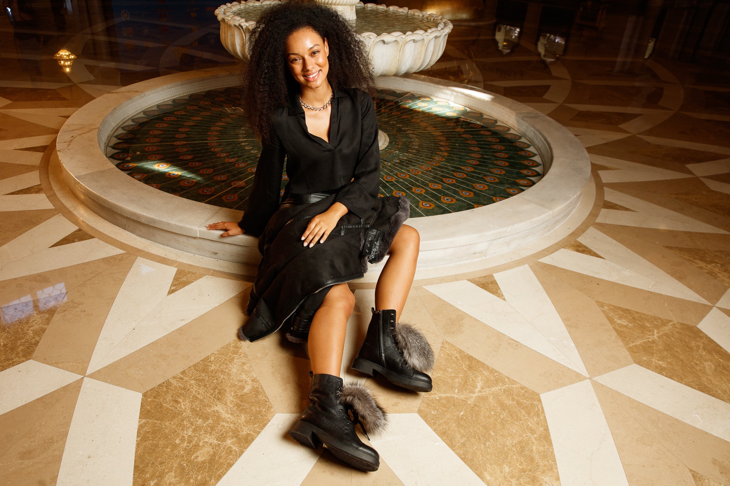 The Kajapati Black Leather Natural Fur Mid Calf Boot - Vinci Leather