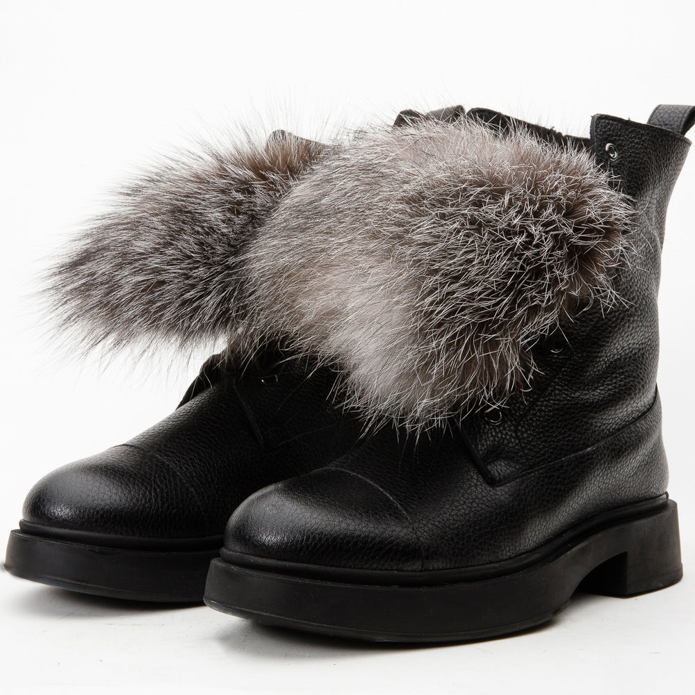 The Kajapati Black Leather Natural Fur Mid Calf Boot - Vinci Leather