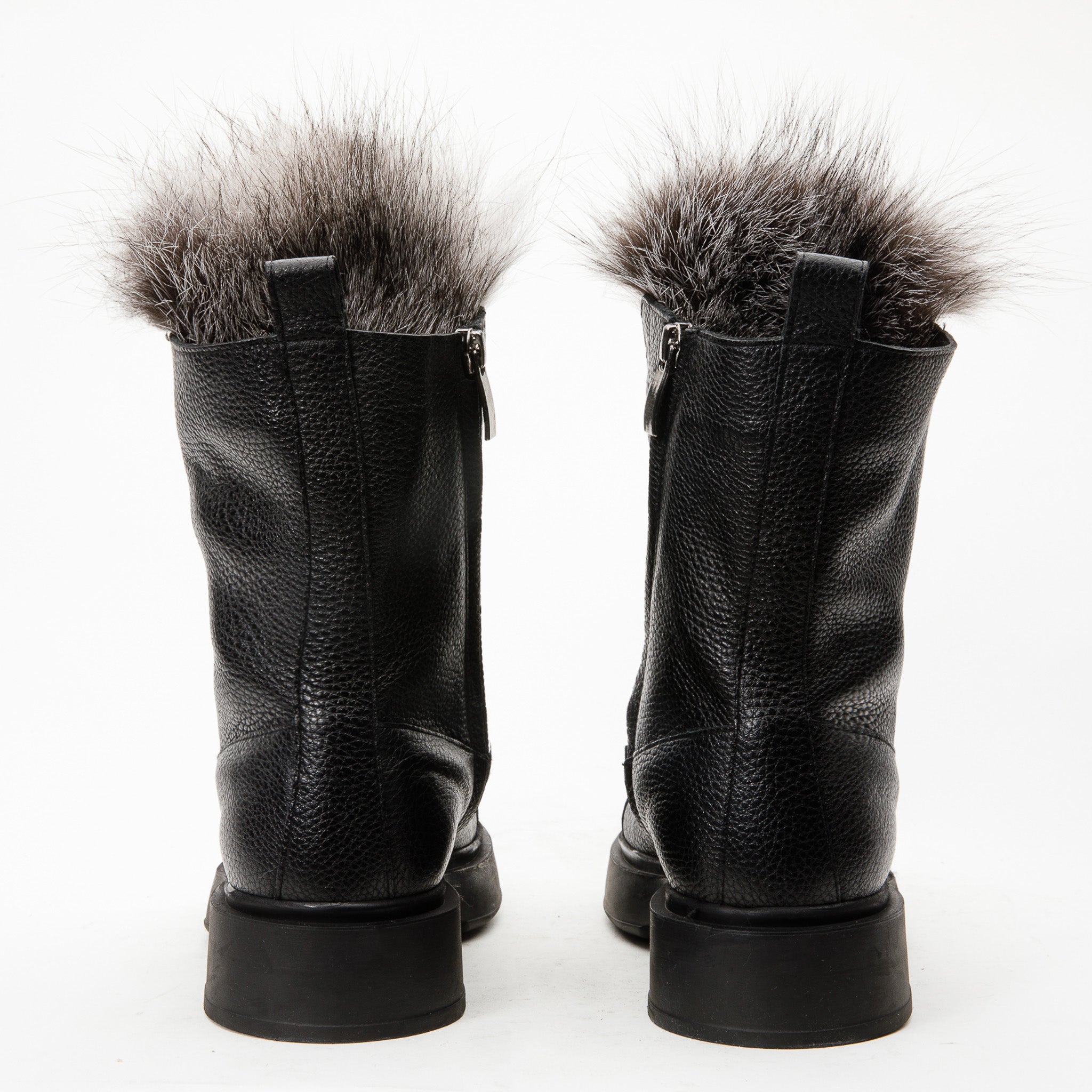 The Kajapati Black Leather Natural Fur Mid Calf Boot - Vinci Leather